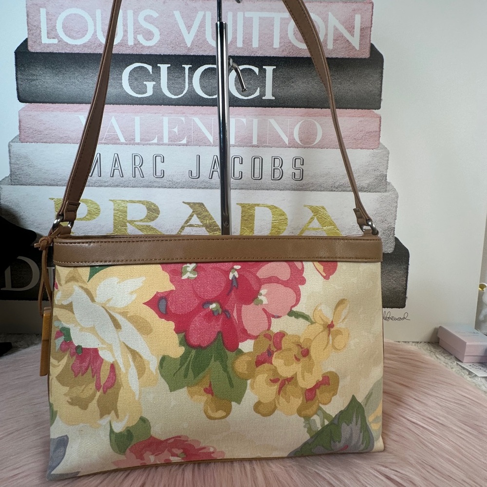 Fossil Floral Canvas Shoulder Bag with Brown Strap